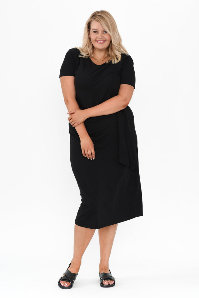 Kitt Black Cotton Stretch Tie Dress,Blonde model,alt text|model:Shandre image 11