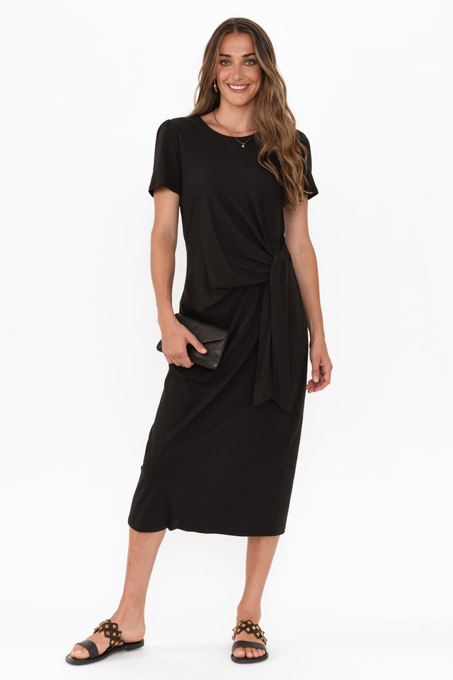Kitt Black Cotton Stretch Tie Dress,Brunette model,alt text|model:Johanna