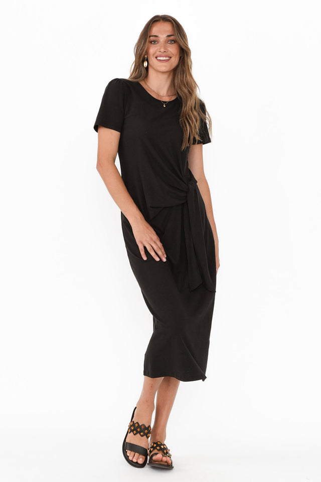 Kitt Black Cotton Stretch Tie Dress,Brunette model,alt text|model:Johanna image 2