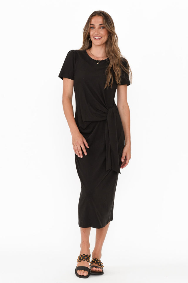 Kitt Black Cotton Stretch Tie Dress,Brunette model,alt text|model:Johanna image 7
