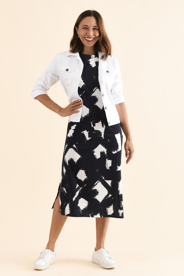 Klee Navy Abstract Cotton Tee Dress,Front,Brunette model,alt text|model:Cara