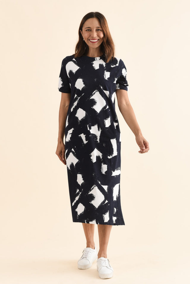 Klee Navy Abstract Cotton Tee Dress,Full Body,Brunette model,alt text|model:Cara image 2