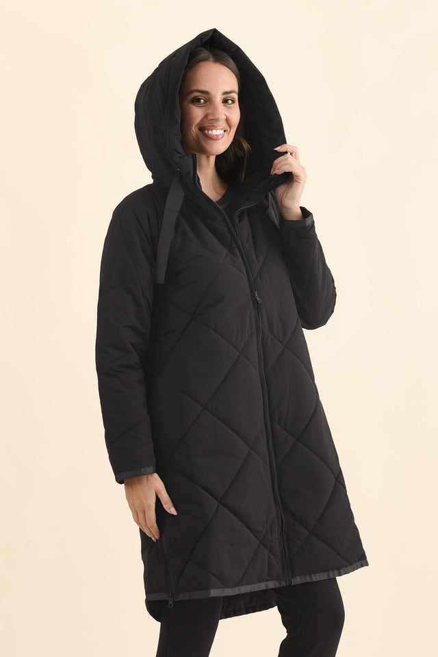 Koami Black Quilted Hooded Coat,Brunette model,alt text|model:MJ image 3