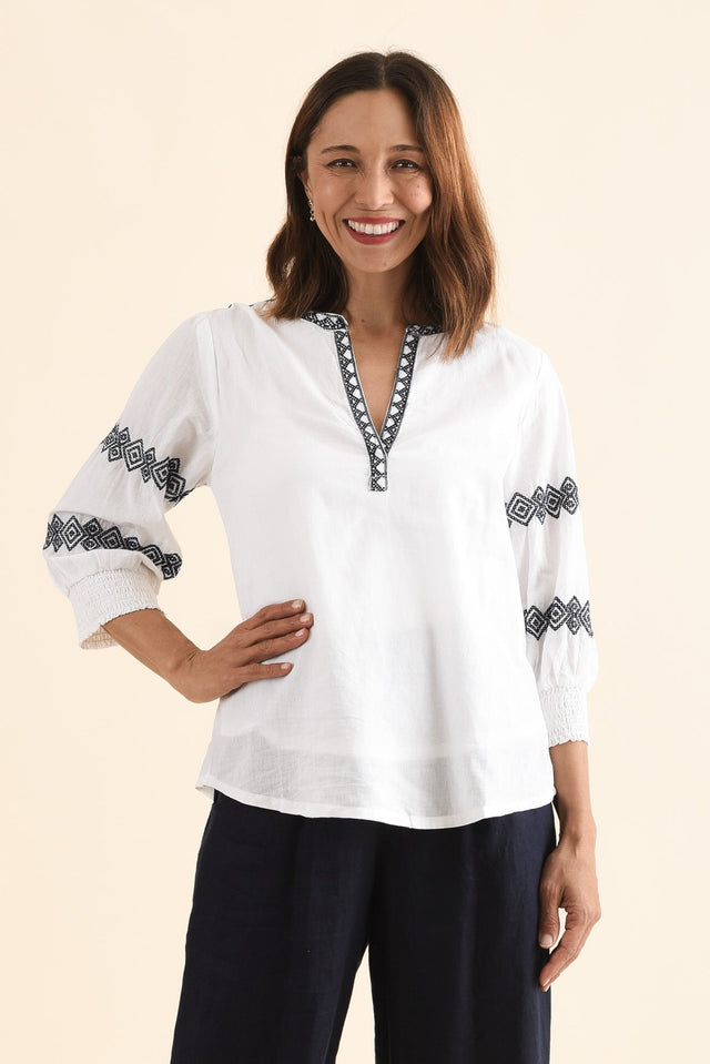 Kooma White Cotton Embroidered Top,Front,Brunette model,alt text|model:Cara image 1