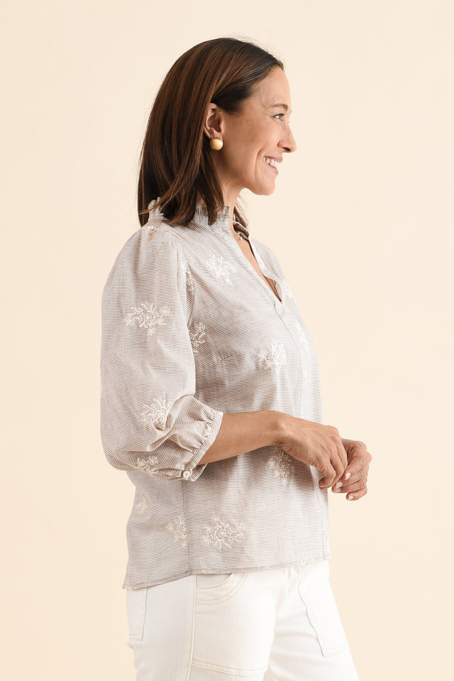 Korey Beige Stripe Cotton Blouse,Side,Brunette model,alt text|model:Cara image 3