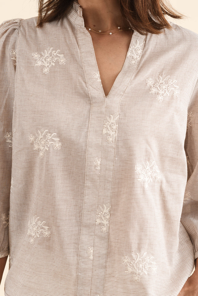 Korey Beige Stripe Cotton Blouse,Detail,Brunette model,alt text|model:Cara image 5