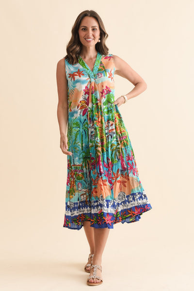 Kori Orange Tropical Cotton Sleeveless Dress