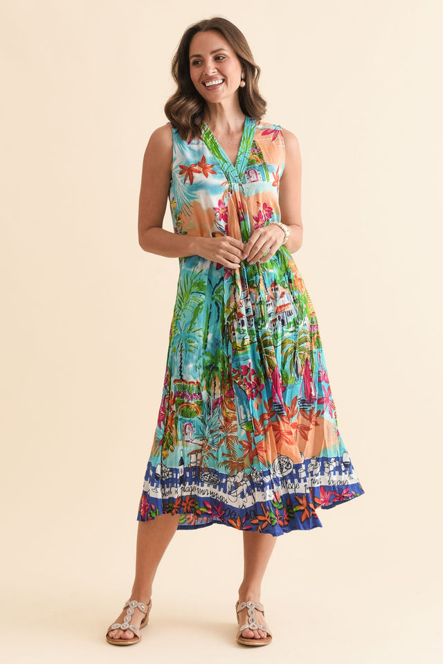 Kori Orange Tropical Cotton Sleeveless Dress,Full Body,Brunette model,alt text|model:MJ image 6