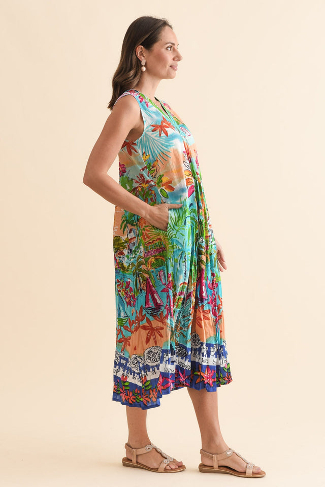 Kori Orange Tropical Cotton Sleeveless Dress,Side,Brunette model,alt text|model:MJ image 3