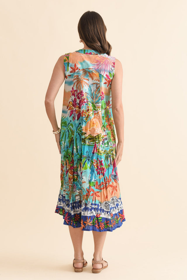 Kori Orange Tropical Cotton Sleeveless Dress,Back,Brunette model,alt text|model:MJ image 4