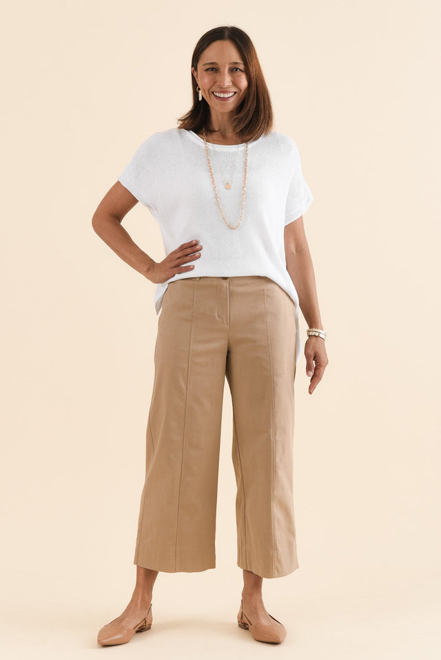 Kristy Beige Cotton Wide Leg Pants,Full Body,Brunette model,alt text|model:Cara