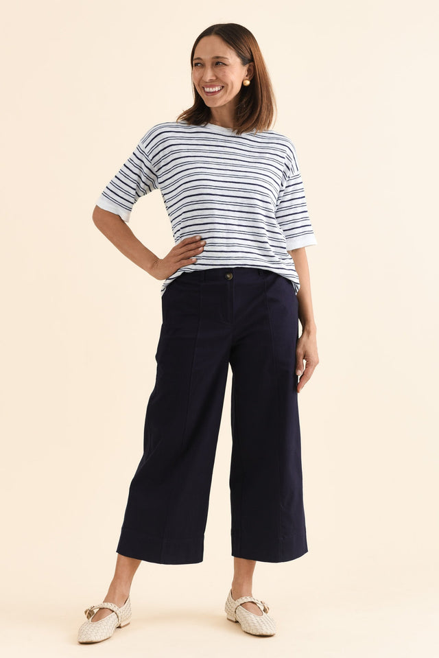 Kristy Navy Cotton Wide Leg Pants,Full Body,Brunette model,alt text|model:Cara