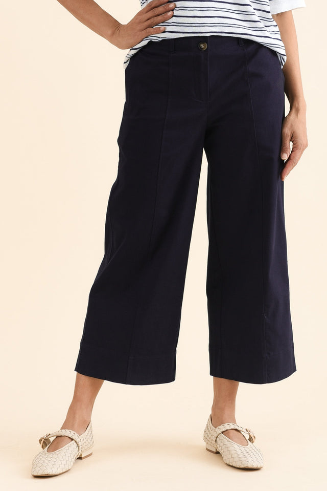 Kristy Navy Cotton Wide Leg Pants,Front,Brunette model,alt text|model:Cara