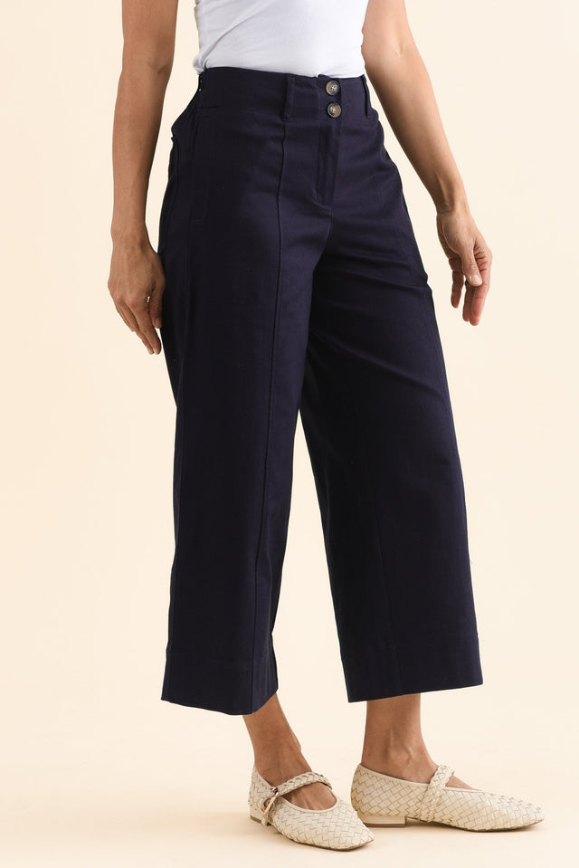 Kristy Navy Cotton Wide Leg Pants,Side,Brunette model,alt text|model:Cara image 3