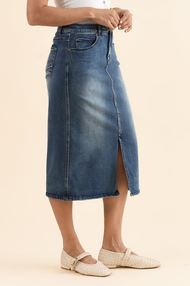 Kylie Dark Wash Denim Midi Skirt,Side,Brunette model,alt text|model:Cara image 3