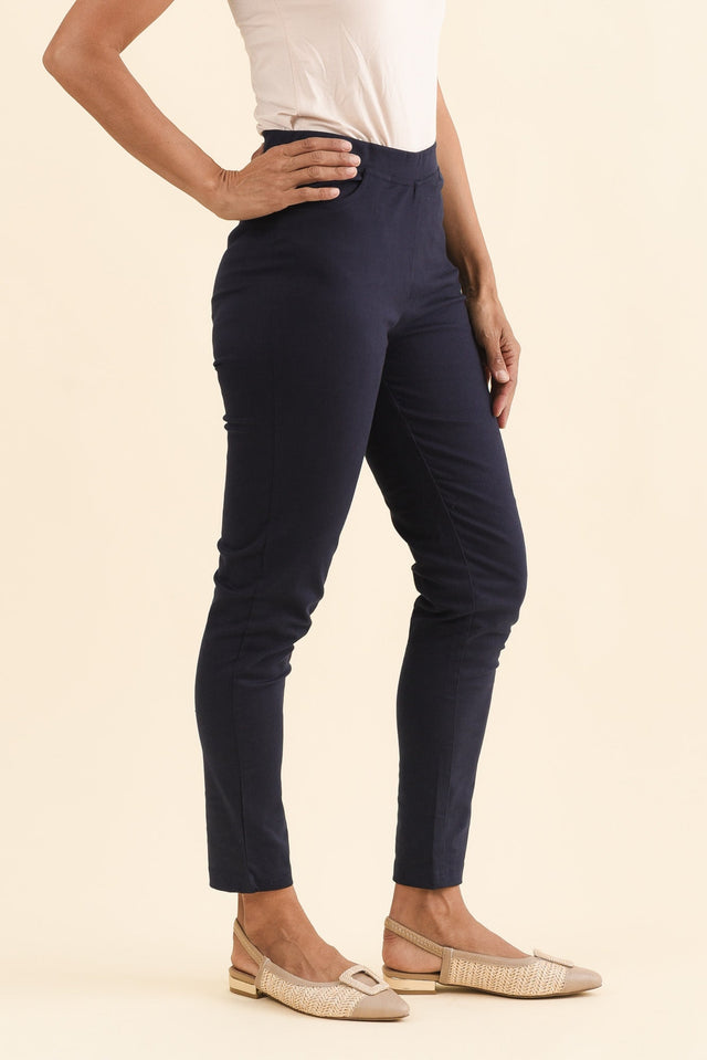 Laia Navy Cotton Stretch Pants,Brunette model,alt text|model:Cara image 4
