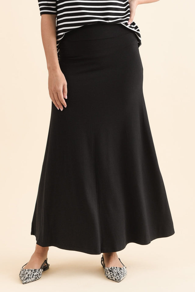 Lana Black Bamboo Cotton Maxi Skirt,Front,Brunette model,alt text|model:MJ image 1