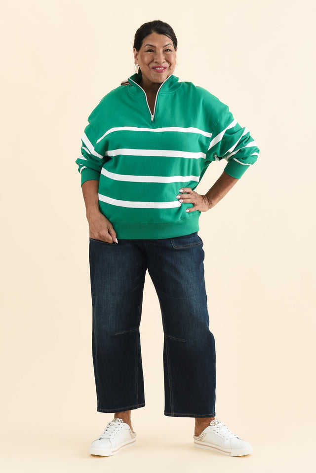 Lane Green Stripe Half Zip Sweatshirt,Brunette model,alt text|model:Pilita image 9
