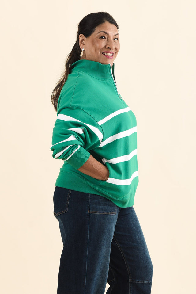 Lane Green Stripe Half Zip Sweatshirt,Brunette model,alt text|model:Pilita image 10