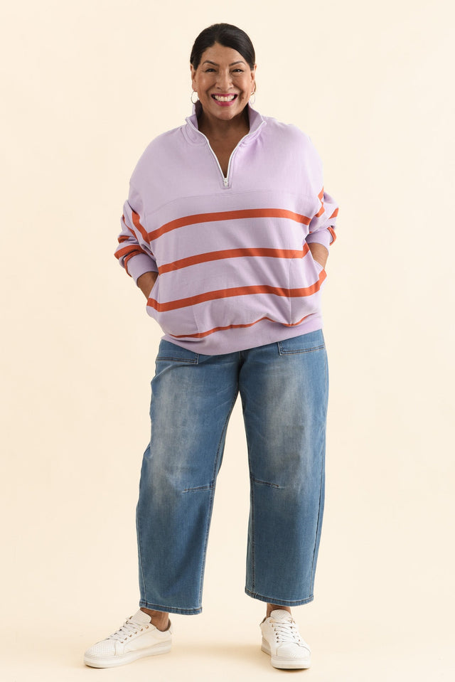 Lane Lilac Stripe Half Zip Sweatshirt,Full Body,Brunette model,alt text|model:Pilita image 8