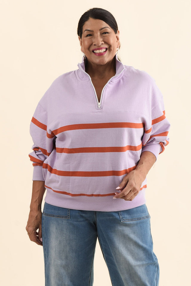 Lane Lilac Stripe Half Zip Sweatshirt,Front,Brunette model,alt text|model:Pilita image 7