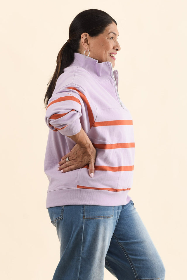 Lane Lilac Stripe Half Zip Sweatshirt,Side,Brunette model,alt text|model:Pilita image 9