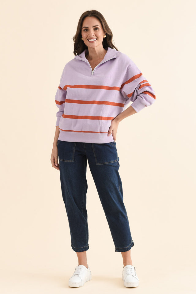 Lane Lilac Stripe Half Zip Sweatshirt,Full Body,Brunette model,alt text|model:MJ image 2