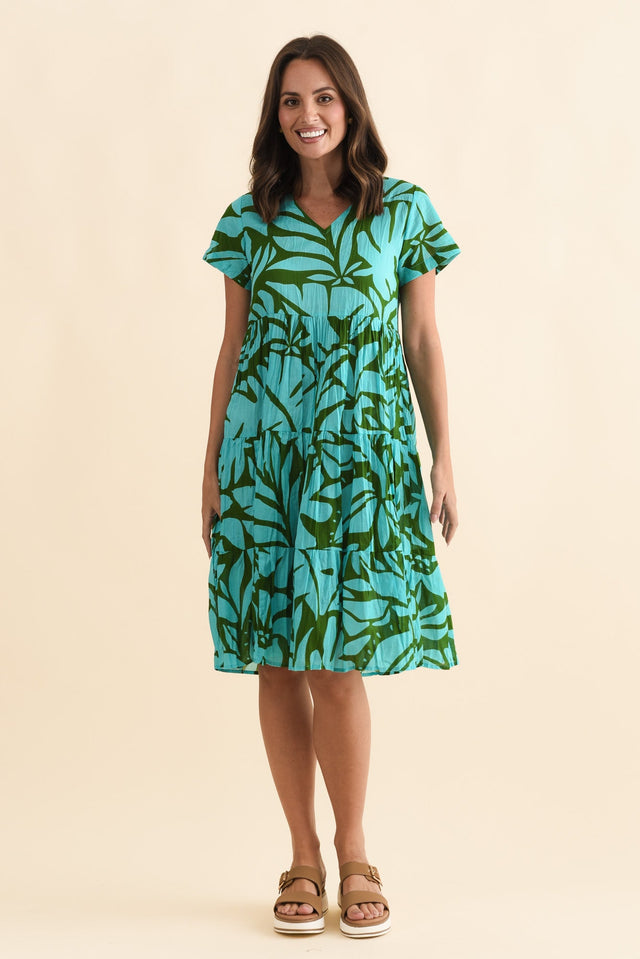Lania Aqua Botanical Crinkle Cotton Dress,Brunette model,alt text|model:MJ image 3