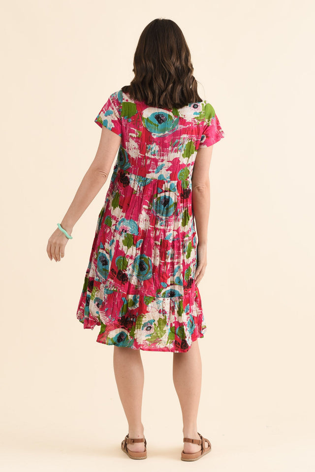 Lania Fuchsia Flower Crinkle Cotton Dress,Side,Brunette model,alt text|model:MJ image 3