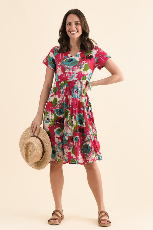 Lania Fuchsia Flower Crinkle Cotton Dress,Front,Brunette model,alt text|model:MJ image 1