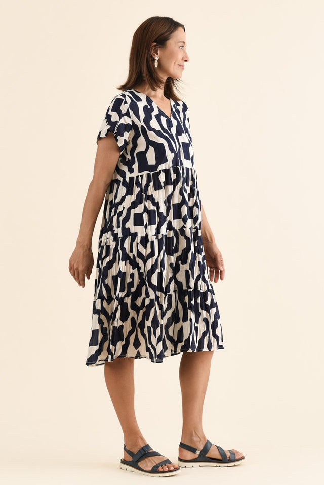 Lania Navy Motif Crinkle Cotton Dress,Side,Brunette model,alt text|model:Cara image 3