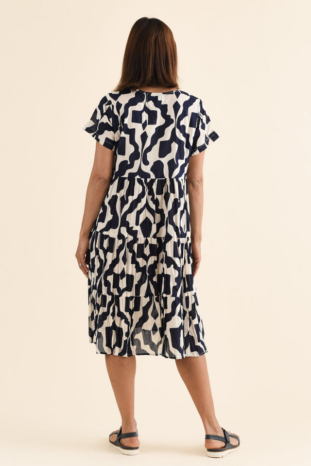 Lania Navy Motif Crinkle Cotton Dress,Back,Brunette model,alt text|model:Cara image 4