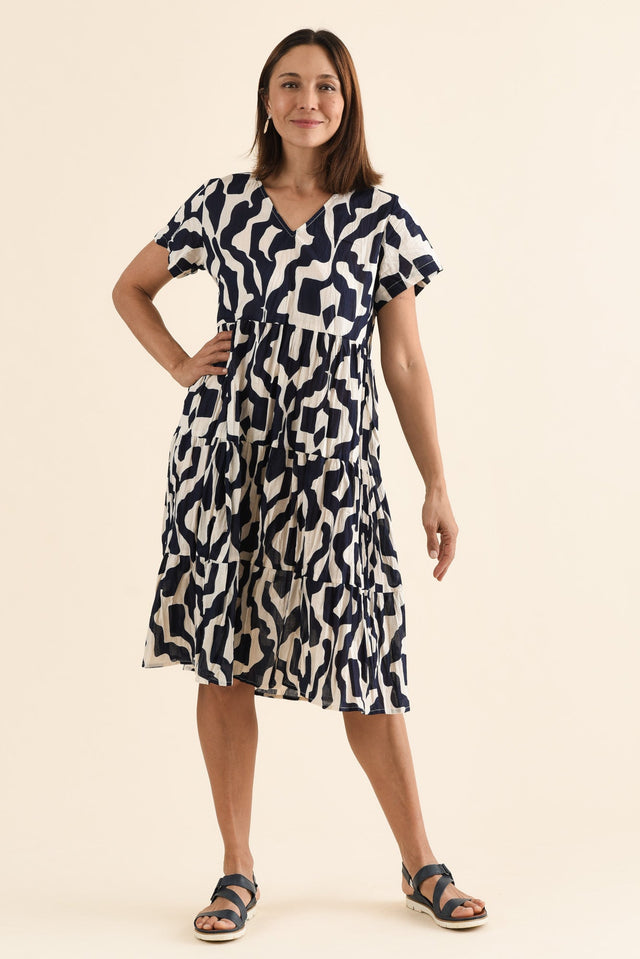 Lania Navy Motif Crinkle Cotton Dress,Full Body,Brunette model,alt text|model:Cara image 6