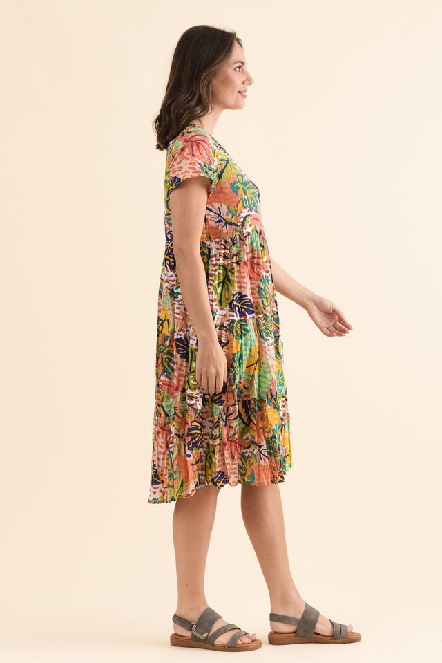 Lania Orange Leaf Crinkle Cotton Dress,Side,Brunette model,alt text|model:MJ image 3
