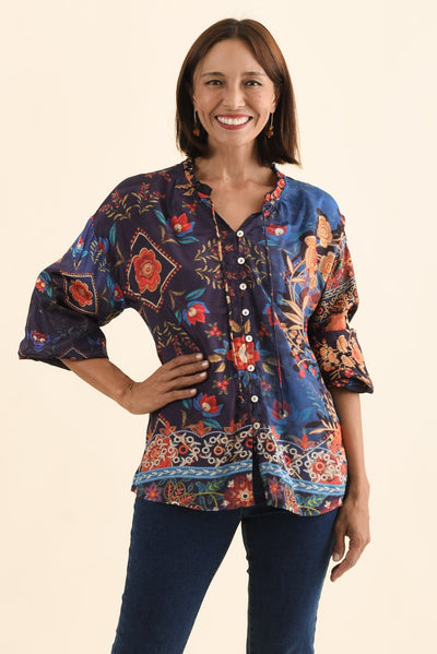 Laria Navy Botanical Button Top