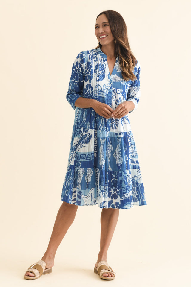 Larissa Blue Ocean Cotton Pleated Dress,Brunette model,alt text|model:Cara image 9