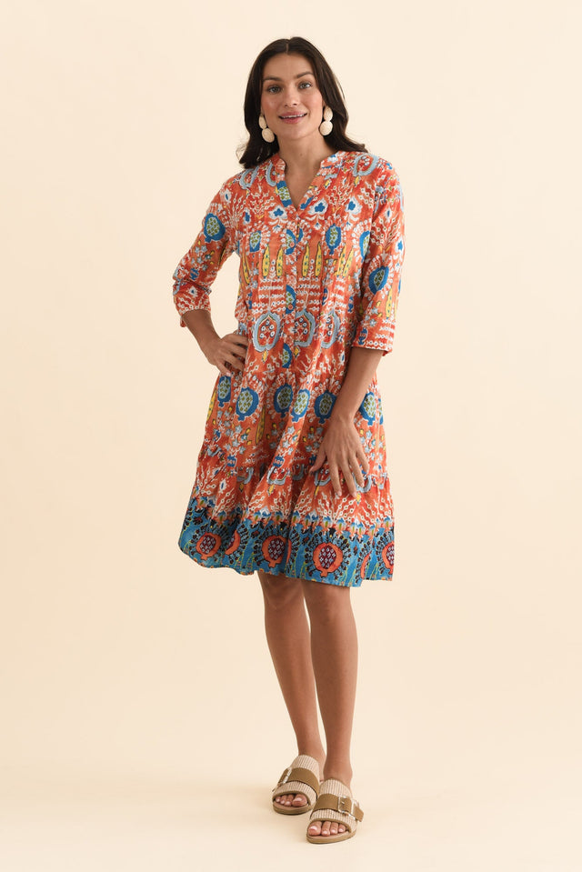 Larissa Orange Motif Cotton Pleated Dress,Brunette model,alt text|model:Brontie image 3