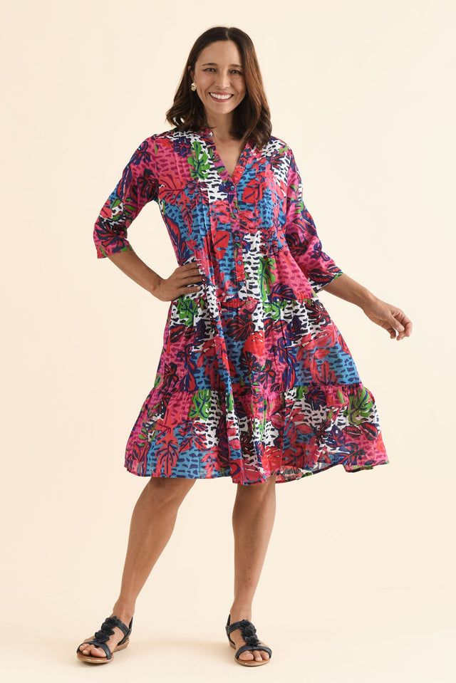 Larissa Pink Jungle Cotton Pleated Dress,Full Body,Brunette model,alt text|model:Cara image 6
