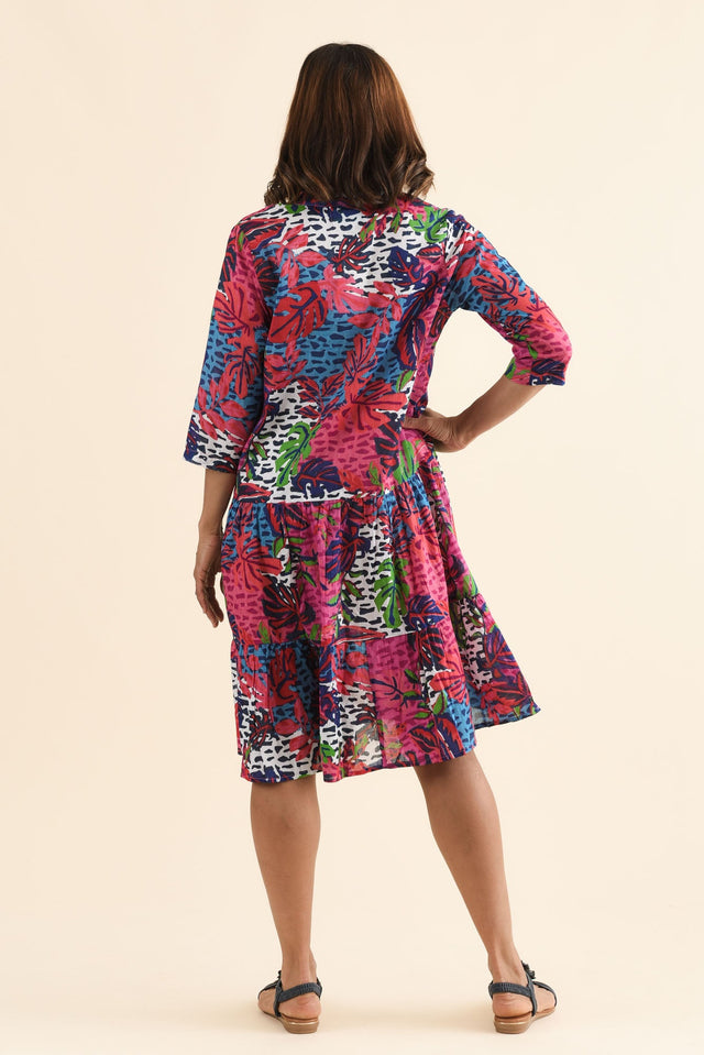 Larissa Pink Jungle Cotton Pleated Dress,Back,Brunette model,alt text|model:Cara image 4