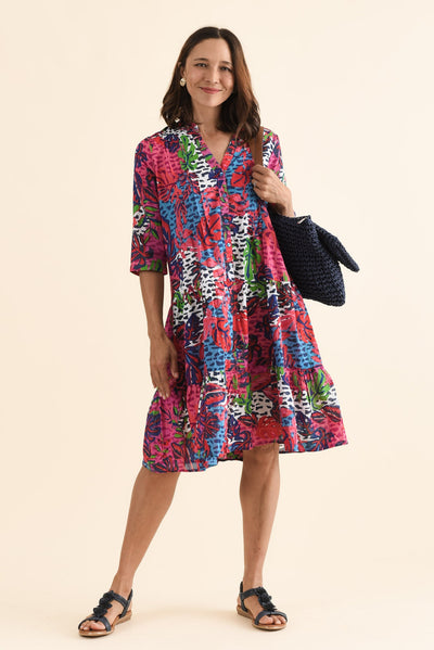 Larissa Pink Jungle Cotton Pleated Dress