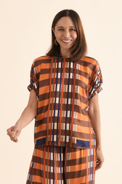 Lattice Orange Check Top