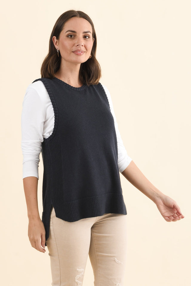 Laurell Navy Knit Crewneck Vest,Brunette model,alt text|model:MJ image 4