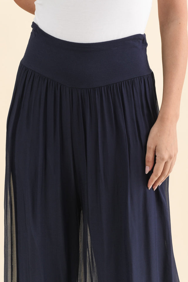 Laurier Navy Silk Wide Leg Pants,Brunette model,alt text|model:MJ image 6