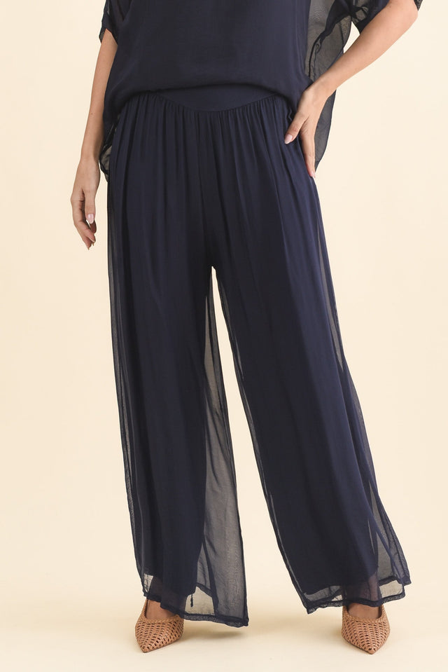 Laurier Navy Silk Wide Leg Pants,Brunette model,alt text|model:MJ