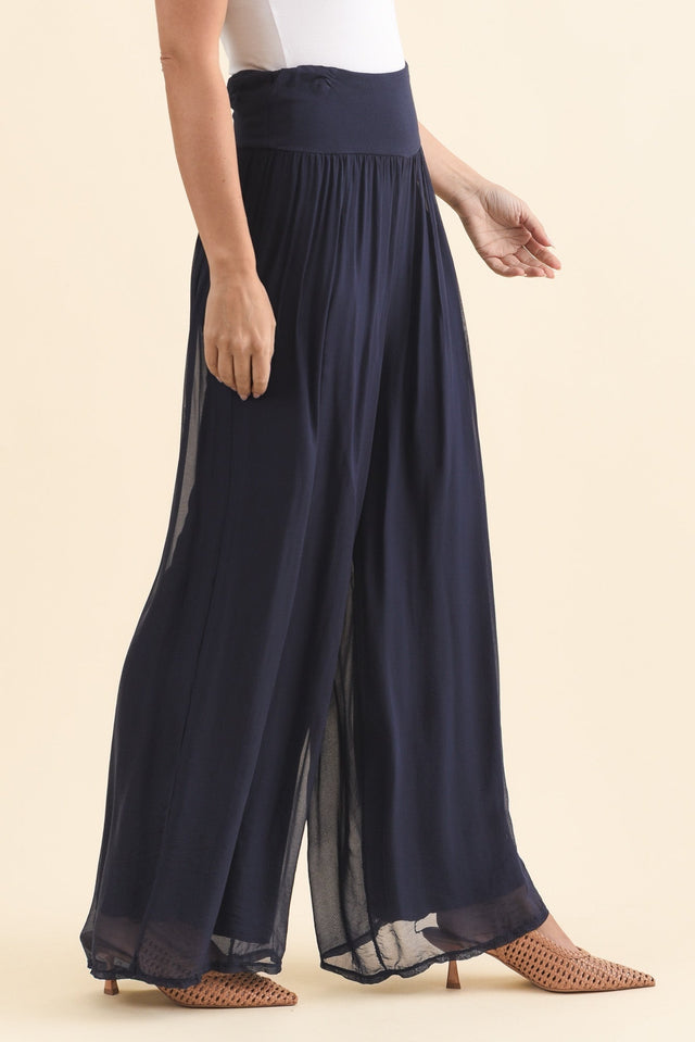 Laurier Navy Silk Wide Leg Pants,Brunette model,alt text|model:MJ image 4