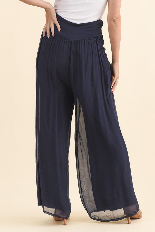 Laurier Navy Silk Wide Leg Pants,Brunette model,alt text|model:MJ image 5
