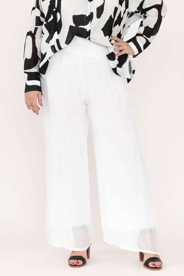 Laurier White Silk Wide Leg Pants,Brunette model,plus-size,plus-size-evening-dresses,plus-size-wedding-guest-dresses,plus-size-cocktail-dresses,plus-size-formal-dresses,plus-size-mother-of-the-bride-dresses,plus-size-race-day-dresses,curve-bottoms,plus-size-Pants,plus-size-work-edit,alt text|model:Gabby image 6