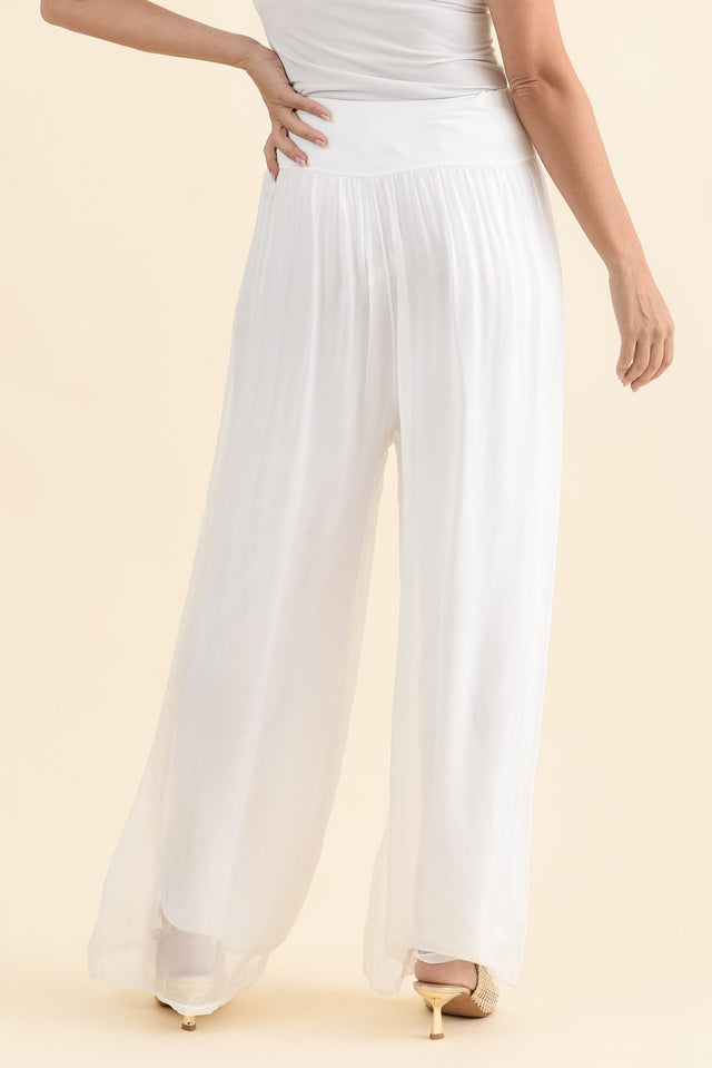 Laurier White Silk Wide Leg Pants,Brunette model,alt text|model:MJ image 4