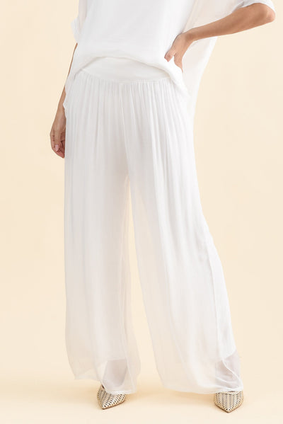 Laurier White Silk Wide Leg Pants
