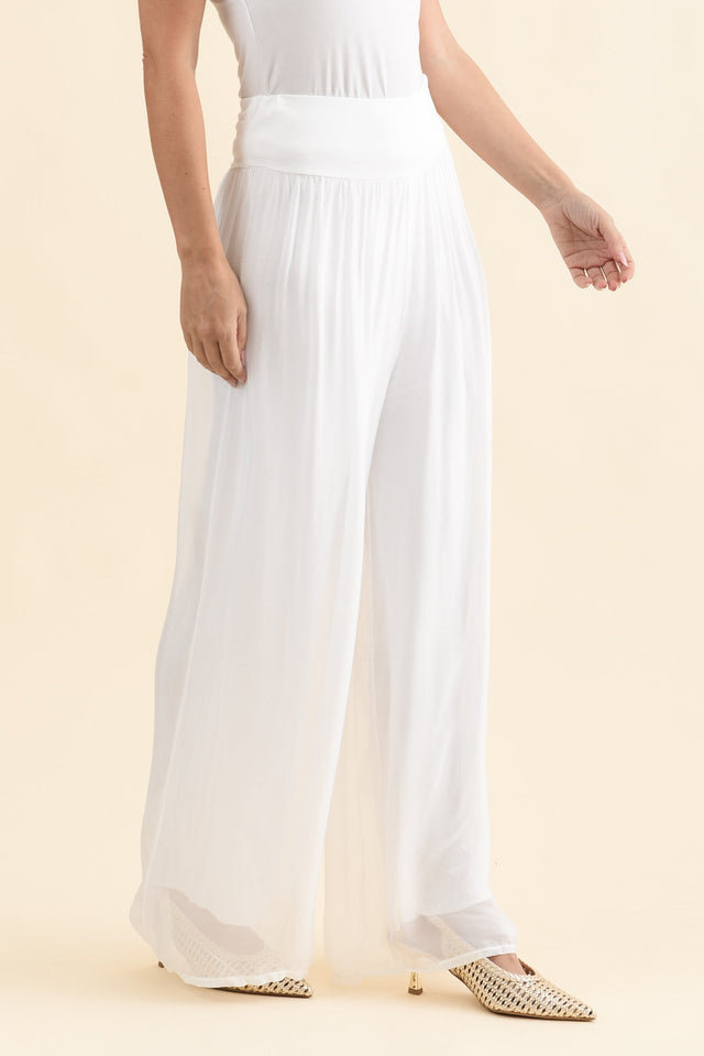 Laurier White Silk Wide Leg Pants,Brunette model,alt text|model:MJ image 3